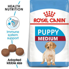 Royal Canin Puppy Medium dog food package with text highlighting health nutrition benefits.