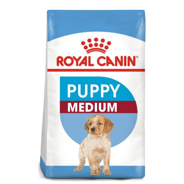 Royal Canin Puppy Medium dog food package on a white background